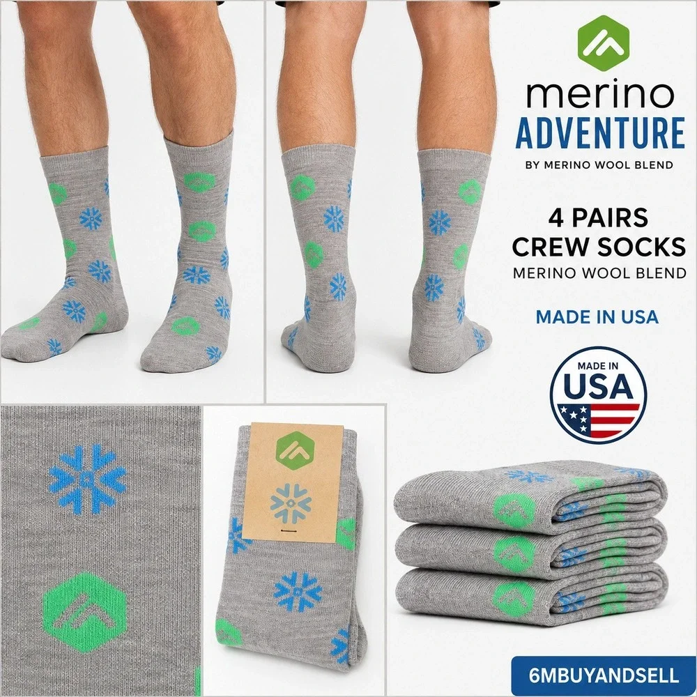 Merino Adventure 4 Pairs Wool Blend Crew Socks Snowflake USA NWT Size 10-13